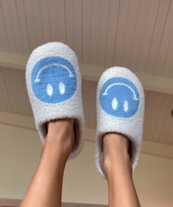 Shop Lena Jade Blue Smiley Fluffy Slippers Shoes