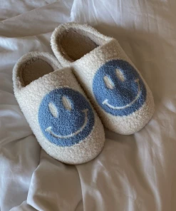 Shop Lena Jade Blue Smiley Fluffy Slippers Shoes