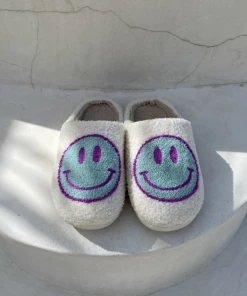 Shop Lena Jade Blue And Purple Smiley Fluffy Slippers Shoes
