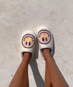 Shop Lena Jade Shoes Blue And Yellow Smiley Fluffy Slippers