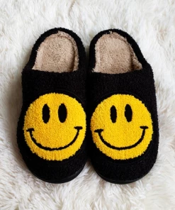 Shop Lena Jade Black Smiley Fluffy Slippers