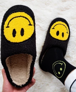 Shop Lena Jade Black Smiley Fluffy Slippers