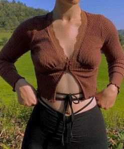 Shoplenajade Long Sleeves Brown Lace Long Sleeve