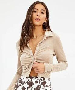 Shop Lena Jade Tan Josephine Button Down Long Sleeve Top