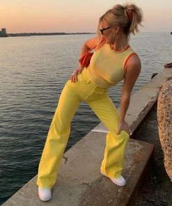 Shop Lena Jade Yellow High Waisted Jeans Pants