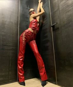 Shop Lena Jade Red Lace Up Faux Leather Pants