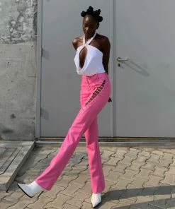 Shop Lena Jade Pink Lace Up Faux Leather Pants