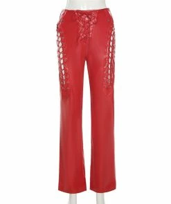 Shop Lena Jade Red Lace Up Faux Leather Pants