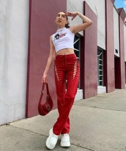 Shop Lena Jade Red Lace Up Faux Leather Pants