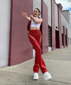 Shop Lena Jade Red Lace Up Faux Leather Pants