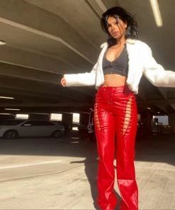 Shop Lena Jade Red Lace Up Faux Leather Pants