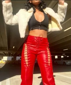 Shop Lena Jade Red Lace Up Faux Leather Pants