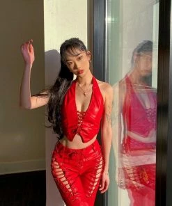 Shop Lena Jade Red Lace Up Faux Leather Pants