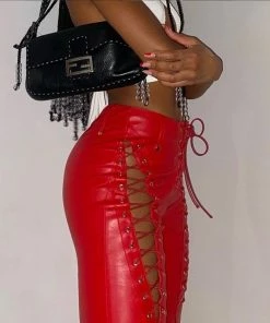 Shop Lena Jade Red Lace Up Faux Leather Pants