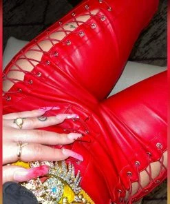 Shop Lena Jade Red Lace Up Faux Leather Pants