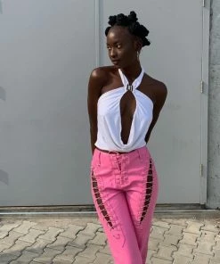 Shop Lena Jade Pink Lace Up Faux Leather Pants