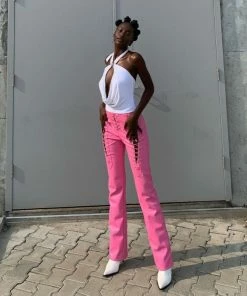 Shop Lena Jade Pink Lace Up Faux Leather Pants