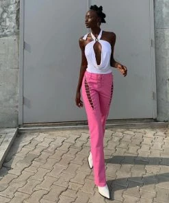 Shop Lena Jade Pink Lace Up Faux Leather Pants