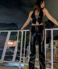 Shop Lena Jade Black Lace Up Faux Leather Pants