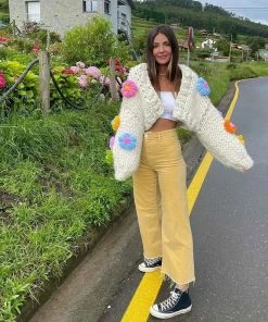 Shop Lena Jade Y2K White Flower Hand Knitted Cardigan Sweater