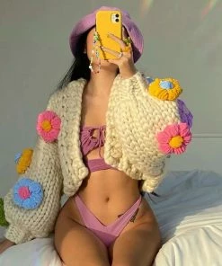 Shop Lena Jade Y2K White Flower Hand Knitted Cardigan Sweater