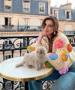 Shop Lena Jade Y2K White Flower Hand Knitted Cardigan Sweater