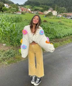 Shop Lena Jade Y2K White Flower Hand Knitted Cardigan Sweater