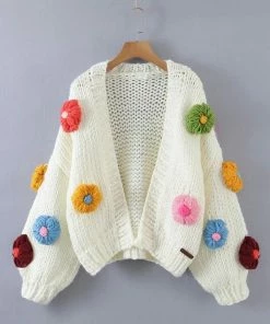 Shop Lena Jade Y2K White Flower Hand Knitted Cardigan Sweater