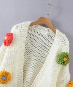 Shop Lena Jade Y2K White Flower Hand Knitted Cardigan Sweater
