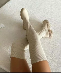 Shop Lena Jade Beige Over The Knee Boot Shoes