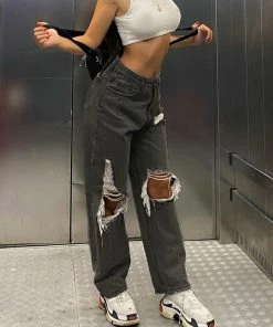 Shop Lena Jade Pants Ripped Knee Black Denim Jeans