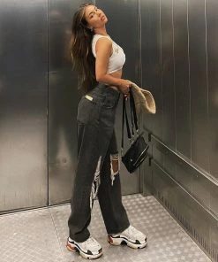 Shop Lena Jade Pants Ripped Knee Black Denim Jeans